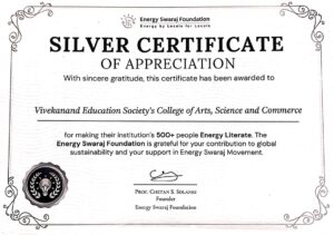 Silver Certificate for the impressive participation of the institute’s Green Warriors in Energy Literacy Training